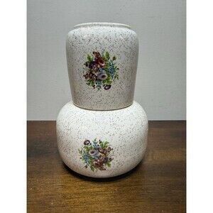 Vintage Bedside Tumble Up Water Decanter Floral Cream With Brown Speckled